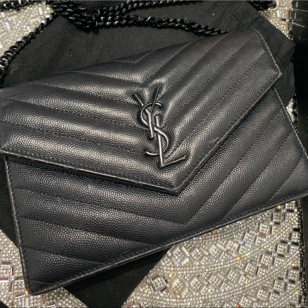 ‼️ SOLD ‼️YSL Black on black envelope chain wallet